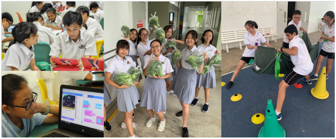 Three school scenes: students using tablets and laptops, girls holding green vegetables, and boys doing an outdoor activity with cones.
